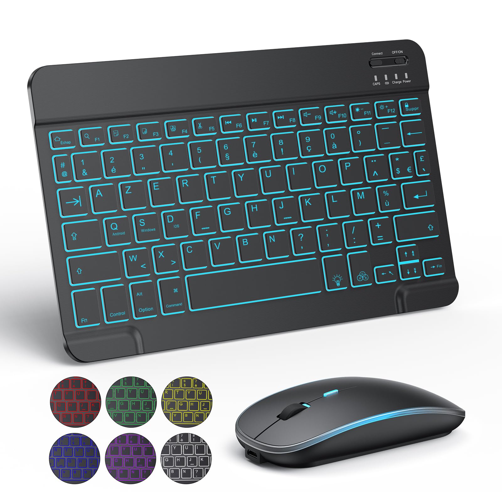 TECURS Wireless Bluetooth Keyboard and Mouse Combo for iPad/iPhone - Silent Backlit AZERTY Keyboard with Rechargeable Battery | Portable Lightweight Design for iOS Devices | Perfect for Office, Home & Travel Use (Black)