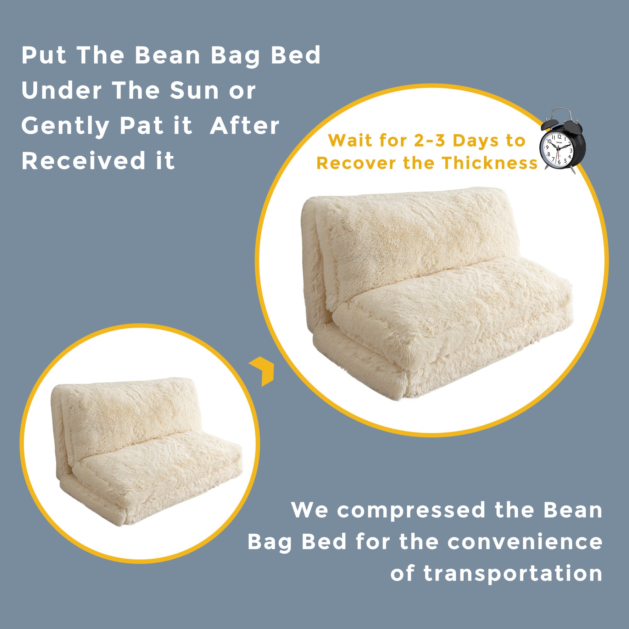 MAXYOYO Folding Bean Bag Sofa Bed - Soft Faux Fur Floor Couch with Foam Filling, Convertible Sleeper Chair in Beige | Perfect for Small Spaces, Living Rooms, Dorms & Movie Nights