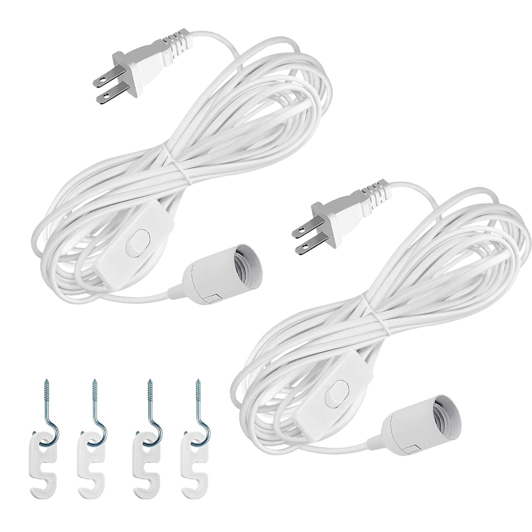 16Ft Hanging Pendant Light Cord with E26/E27 Plug & On/Off Switch - White Extension Socket for Bulbs (2 Pack) - Perfect for DIY Home Lighting, Kitchen Island, Bedroom Lamps & Vintage Decor