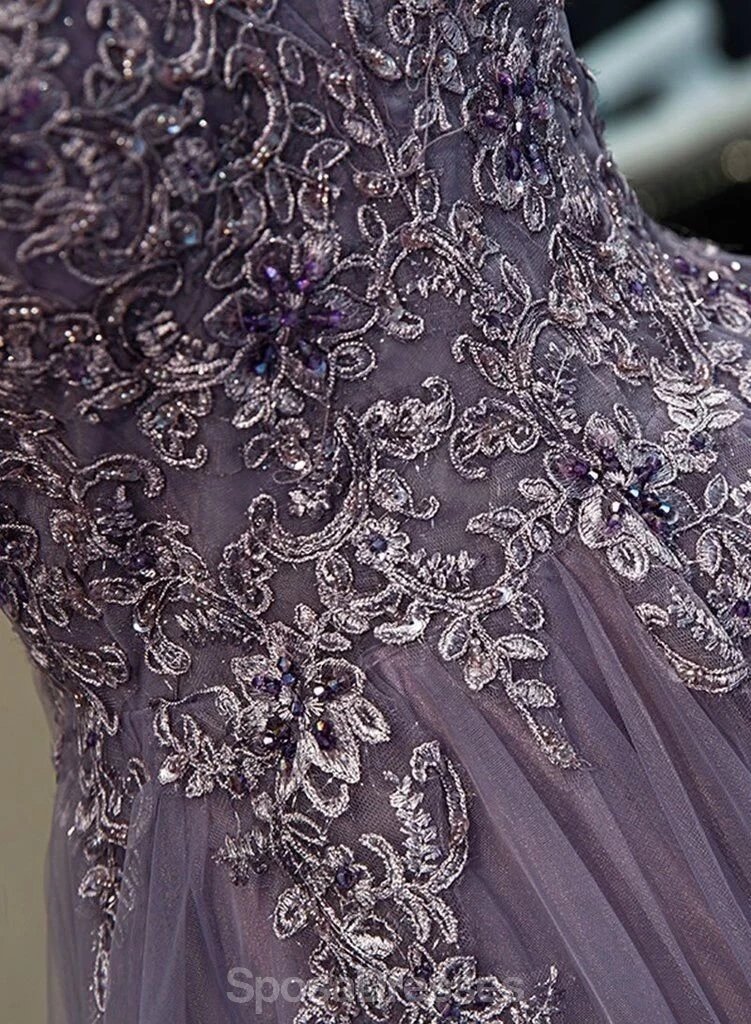Elegant Grey Purple Ruffled Lace Beaded Long Evening Prom Dress for Women - Perfect for Formal Parties, Homecoming, and Special Occasions
