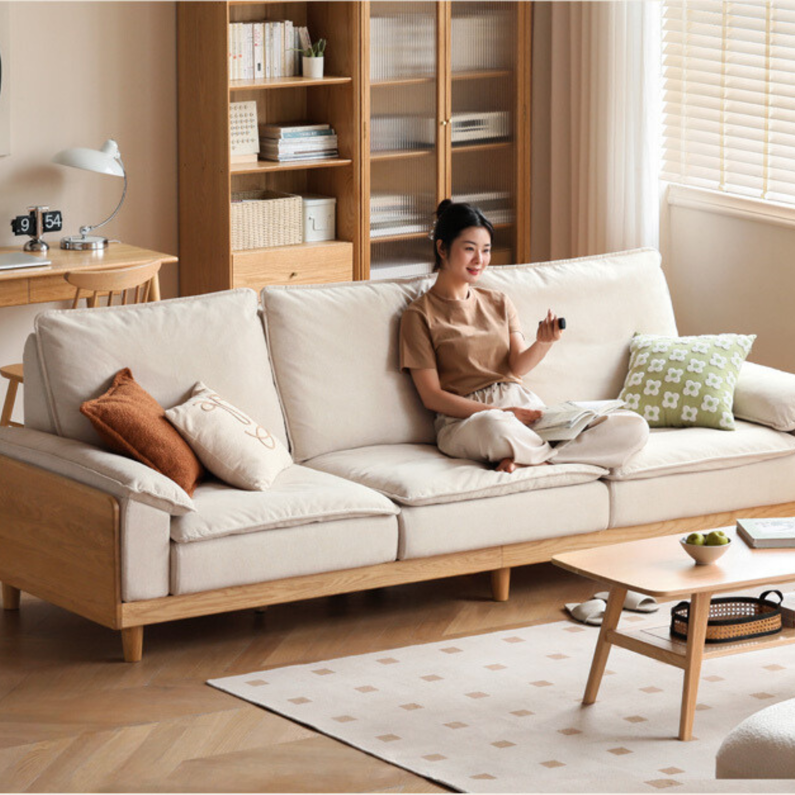 Solid Oak Wood Straight Sofa - Modern & Durable Hardwood Sofa for Living Room, Office, or Lounge - Perfect for Home Decor and Comfortable Seating