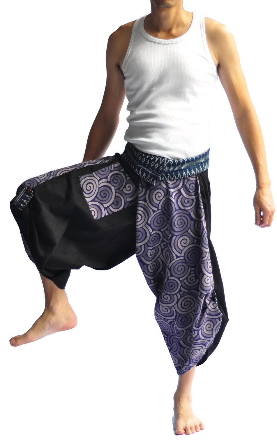 Thai Fisherman Pants for Men - Samurai Style Cotton Pants with Black & Blue Circle Design | Loose Fit Yoga, Meditation & Lounge Wear