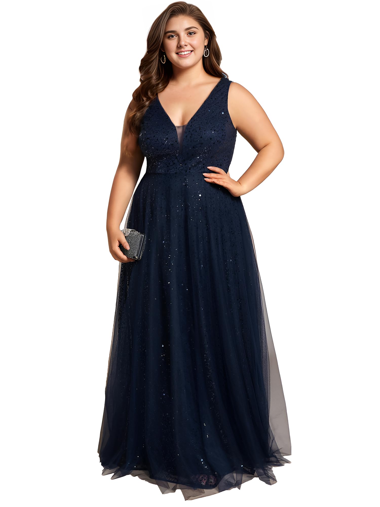 Ever-Pretty Plus Size Sparkle V-Neck A-Line Sleeveless Sequin Prom Dress Ball Gown for Curvy Women 02163-DA | Formal Evening Gown for Homecoming, Wedding Guest, Pageant & Special Occasions