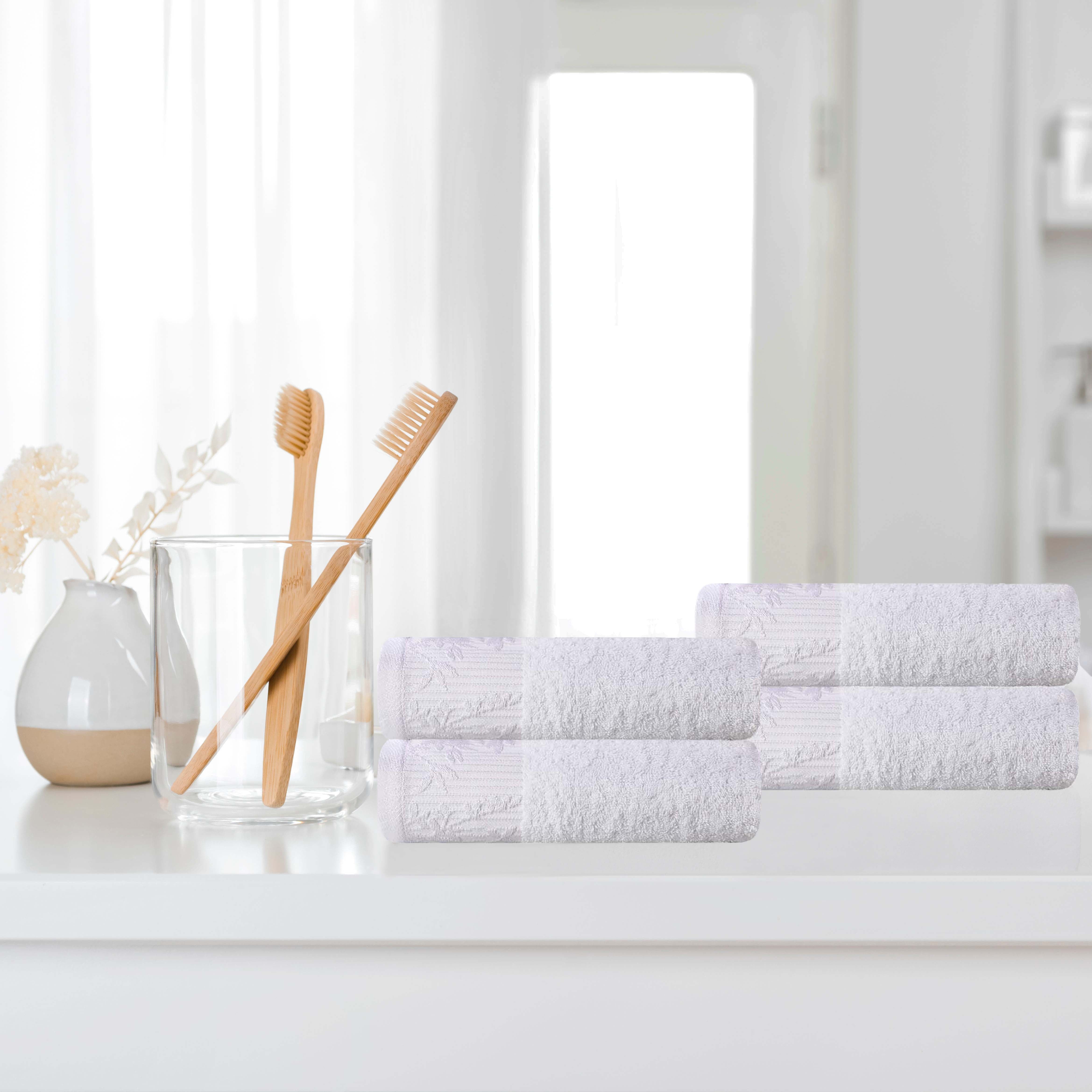 Premium Wisteria Cotton Floral Embroidered Jacquard Border Hand Towels - Set of 4 | Soft Absorbent Bathroom & Kitchen Towels for Guest Bath, Powder Room, and Luxury Home Decor
