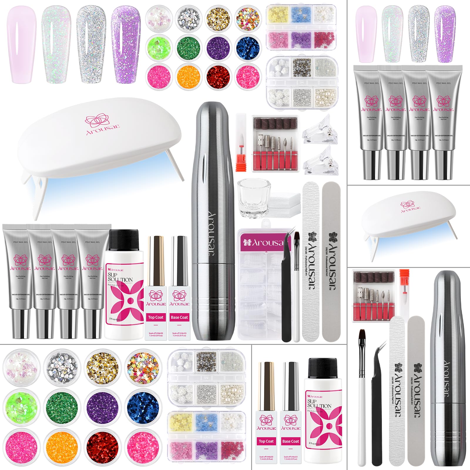 Arousar Nail Extension Gel Kit - 15ml x 4 Bottles (Sparkling Silver) with Anti-Slip Base & Top Coat, UV/LED Lamp & Nail Drill for Salon & DIY Manicure - Perfect for Beginners & Professionals | At-Home Nails, Salon Services, Party Glam Looks