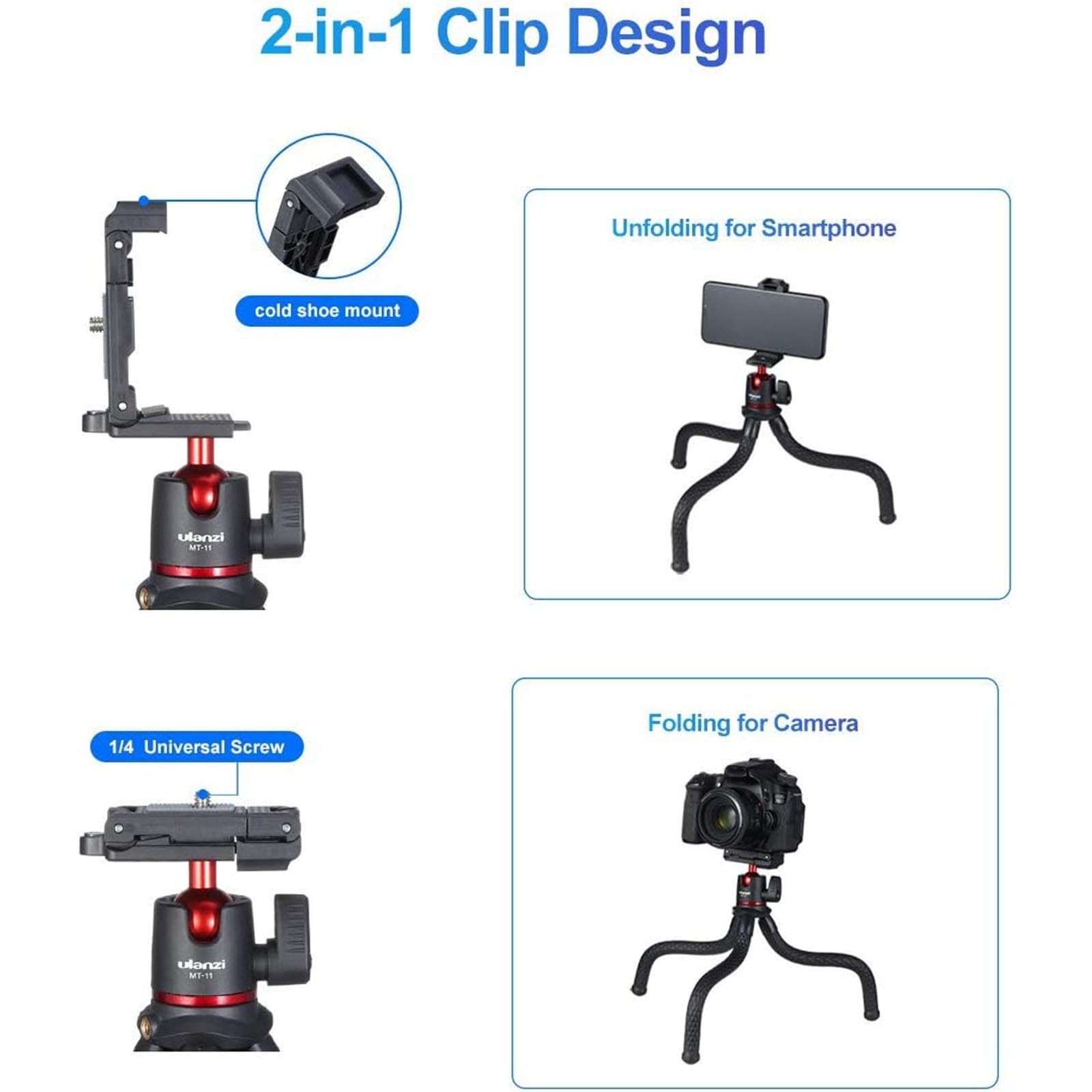 ULANZI Flexible Camera Tripod Stand with Hidden Phone Holder & Cold Shoe Mount - Universal 1/4'' Screw Compatible with iPhone 16/15/14 Pro Max, Samsung, Canon, Nikon, Sony Cameras - Perfect for Vlogging, Travel Photography & Live Streaming