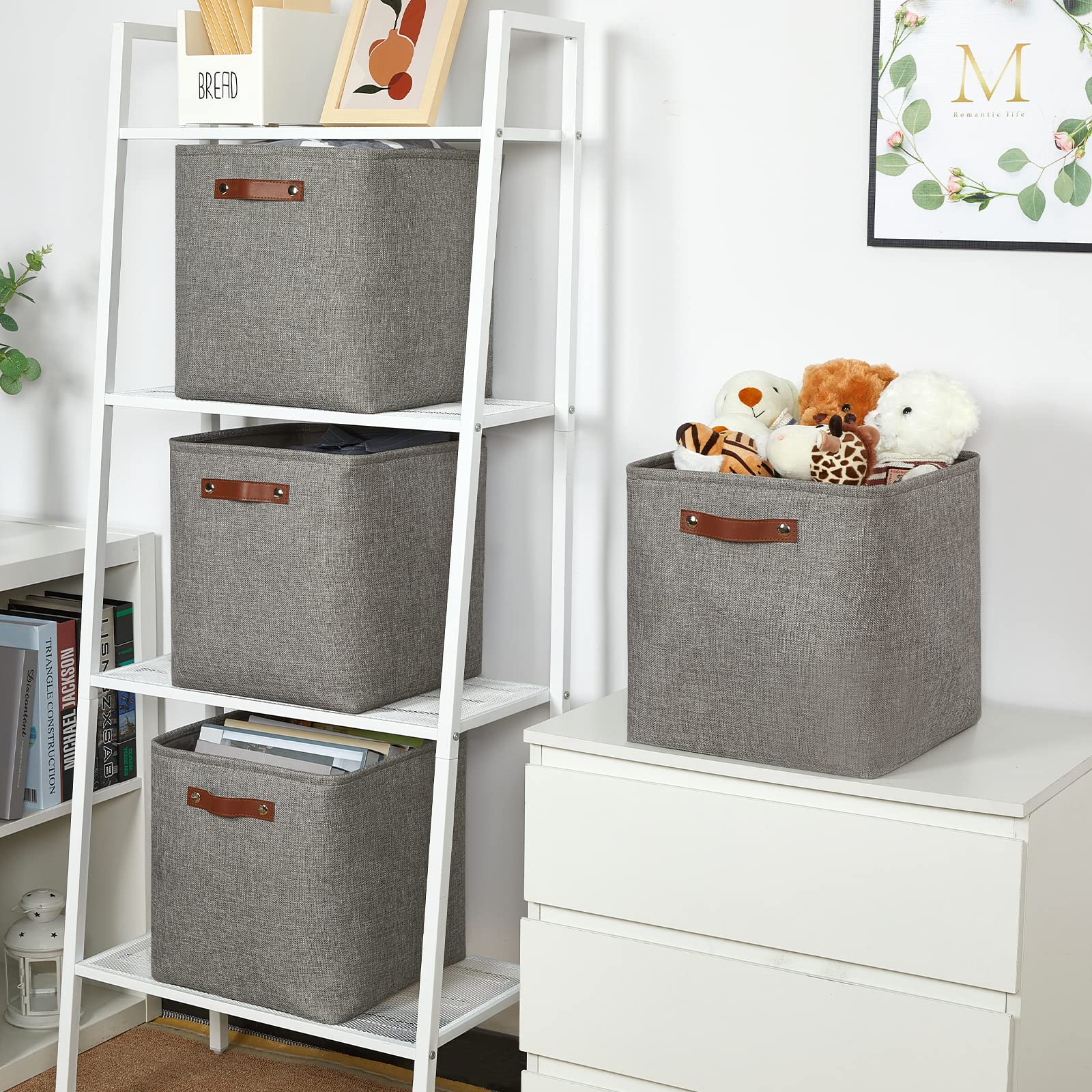 13 Inch Fabric Storage Cubes with Leather Handles - Set of 4 Grey Organizer Bins for Shelves, Home & Office - Perfect for Toys, Books, Clothes and Home Organization