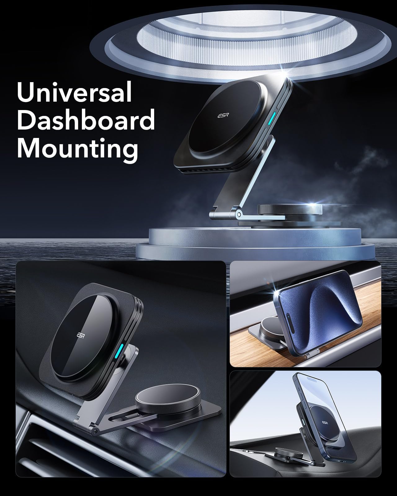 ESR MagSafe Car Mount Charger - Foldable Dashboard Magnetic Wireless Car Charger for Tesla & iPhone 15/14/13/12 - Strong Magnets Phone Holder (Black) | Perfect for Hands-Free Driving & GPS Navigation