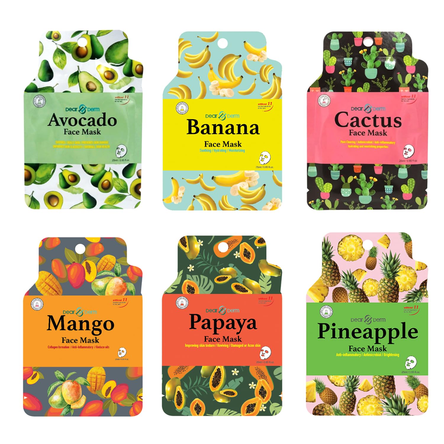 Dear & Derm 6-Piece Tropical Fruit Facial Sheet Mask Set - Hydrating, Moisturizing & Soothing Skincare Treatment with Papaya, Mango & More - Perfect for Spa Night, Self-Care Routine & Gift Giving