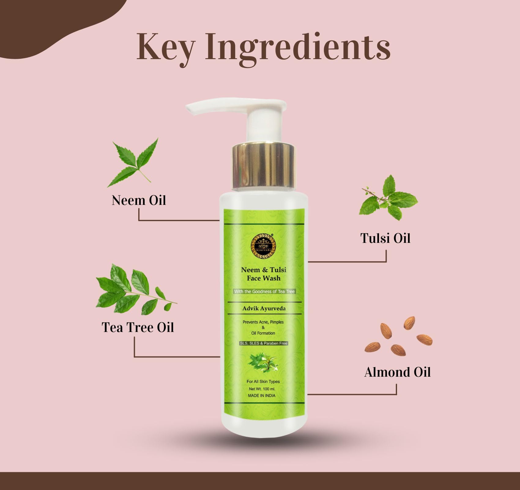 Advik Ayurveda Neem Basil Face Wash with Tea Tree for Acne & Pimples | Anti-Acne Neem Tulsi Cleanser | Natural Face Wash for Men & Women | Perfect for Daily Skincare & Acne-Prone Skin