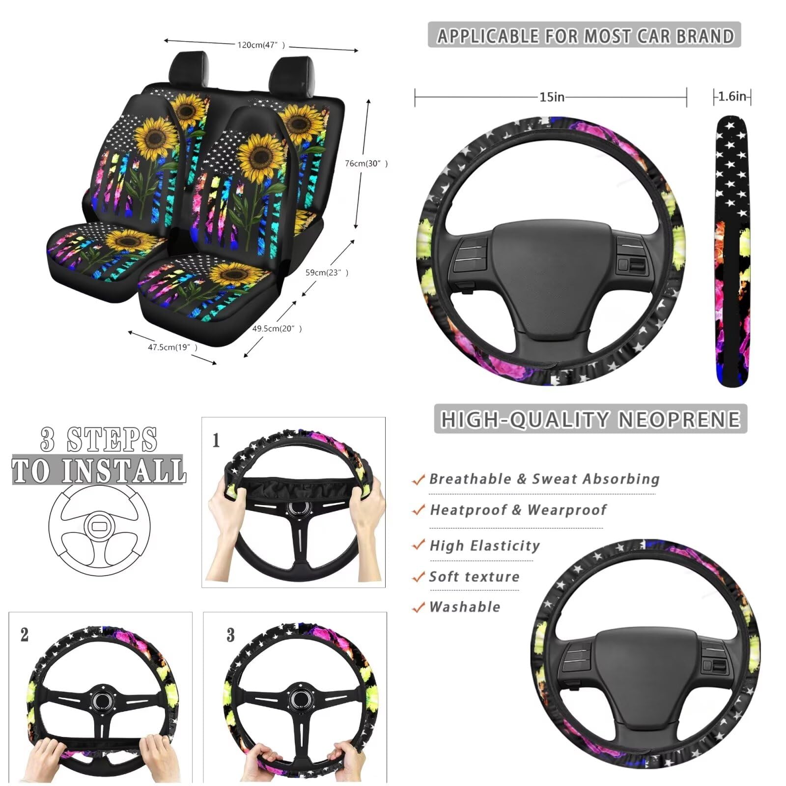 Suobstales Sunflower American Flag Tie Dye Print Car Seat Covers 13-Piece Set with Steering Wheel Cover, Mirror Cover, Car Trash Can & Accessories - Universal Fit for Cars, SUVs & Trucks - Perfect for Road Trips, Daily Commutes & Patriotic Decor