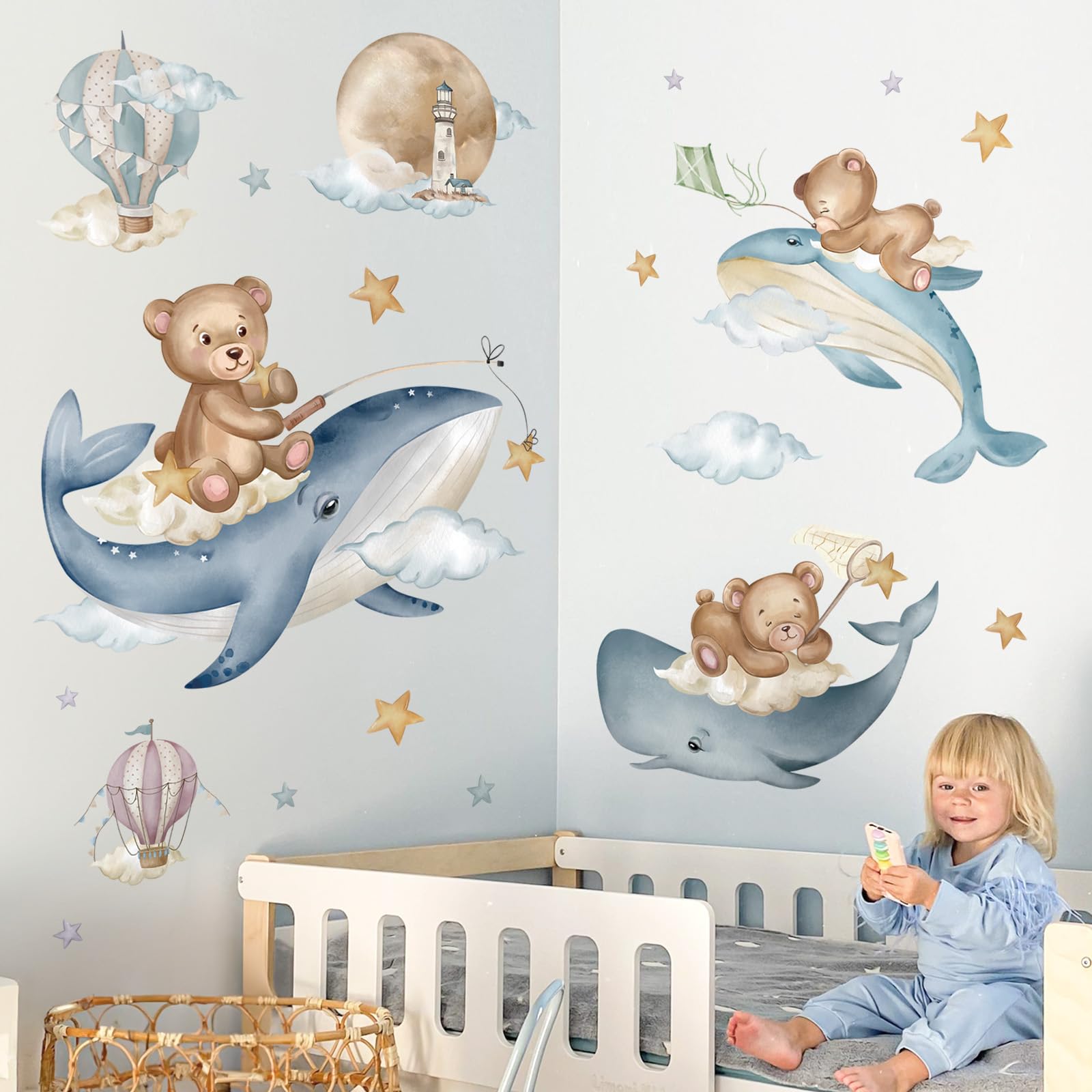 Wondever Baby Bear & Whale Ocean Animals Peel and Stick Wall Decals - Nursery Wall Art for Kids Bedroom Decor | Perfect for Baby Rooms, Playrooms & Children's Spaces