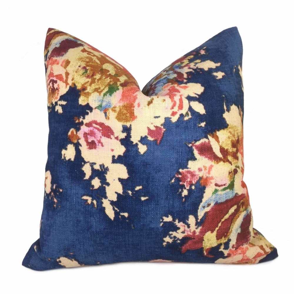 Dark Blue Aphrodite Floral Print Cotton Linen Pillow Cover - Soft Decorative Cushion Case for Sofa, Bed, Living Room & Home Decor