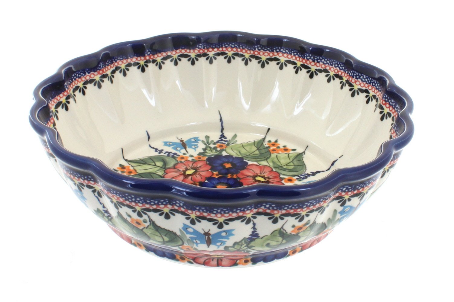 Handmade Blue Rose Polish Pottery Bowl with Floral & Butterfly Design - Large Scalloped Edge - Perfect for Serving Salads, Desserts or as Decorative Centerpiece