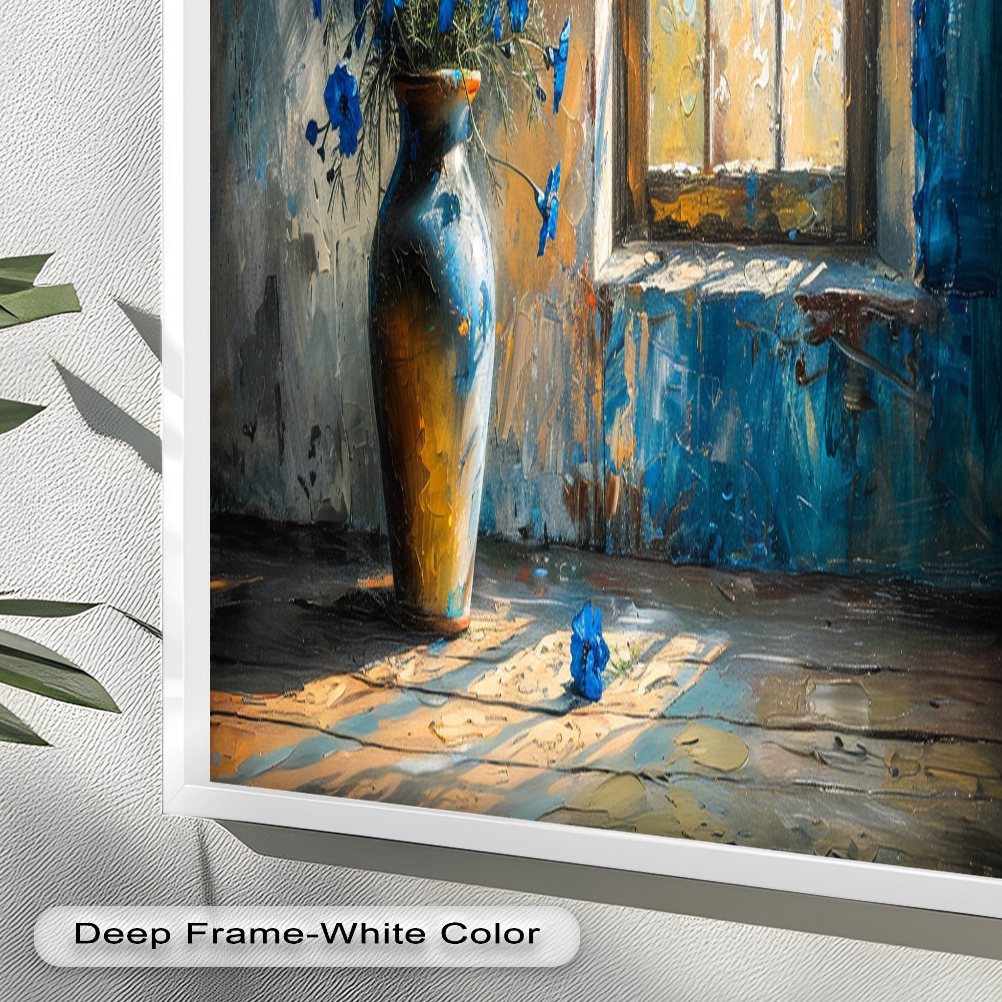 Blue Flowers in Vase - Rustic Still Life Oil Painting on Canvas - Perfect for Farmhouse Decor, Living Room Wall Art & Home Office