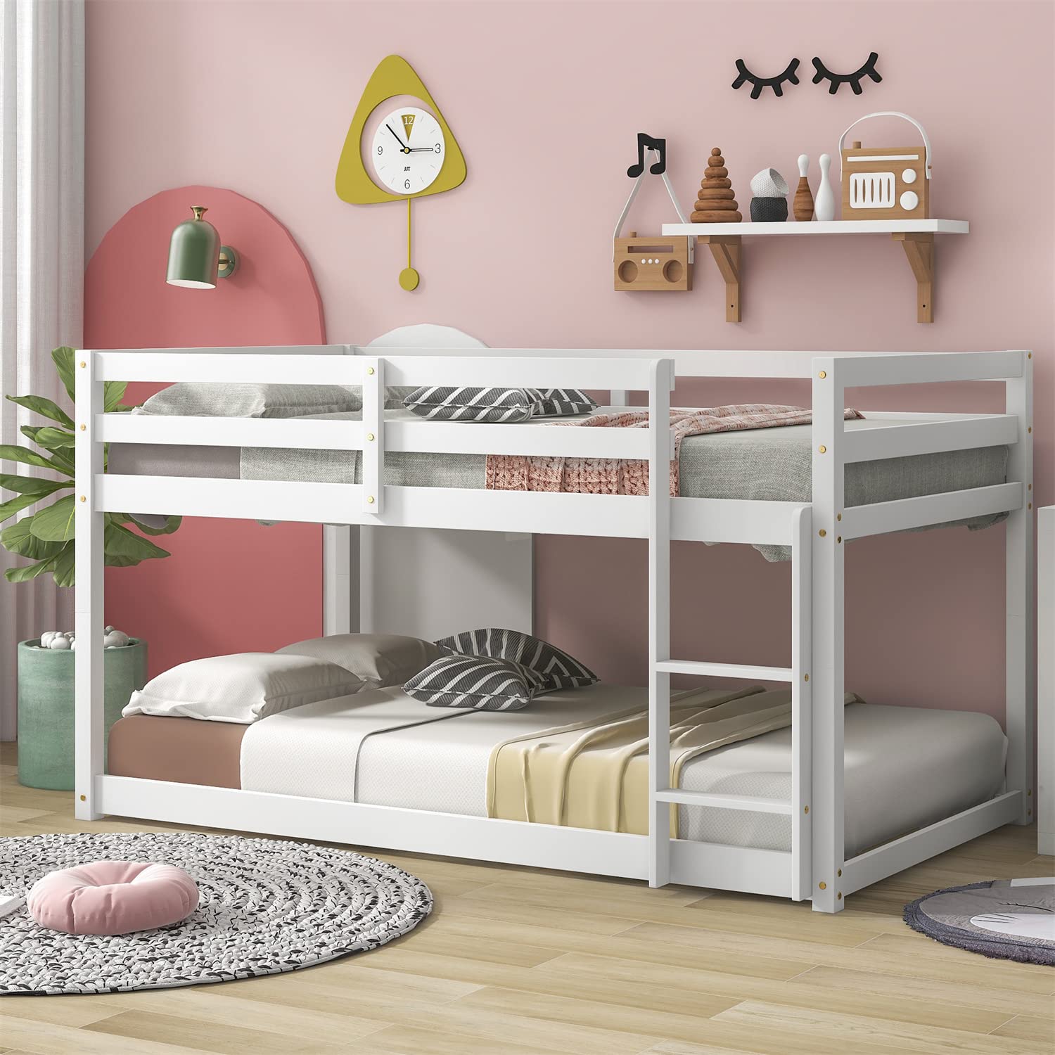 Twin Over Twin Wooden Bunk Bed with Safety Rail & Ladder - Sturdy Low Loft Bed Frame for Kids, Boys, Girls & Toddlers - Perfect for Small Bedrooms, Shared Rooms & Sleepovers - White Finish
