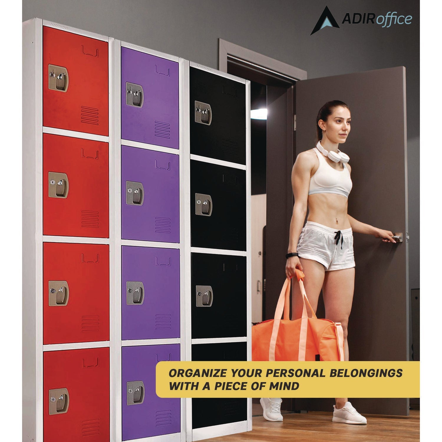 AdirOffice 4 Compartment Steel Storage Locker - 12 x 12 x 72 Inches, Red - Heavy Duty School Gym Locker for Home, Office & Warehouse Organization