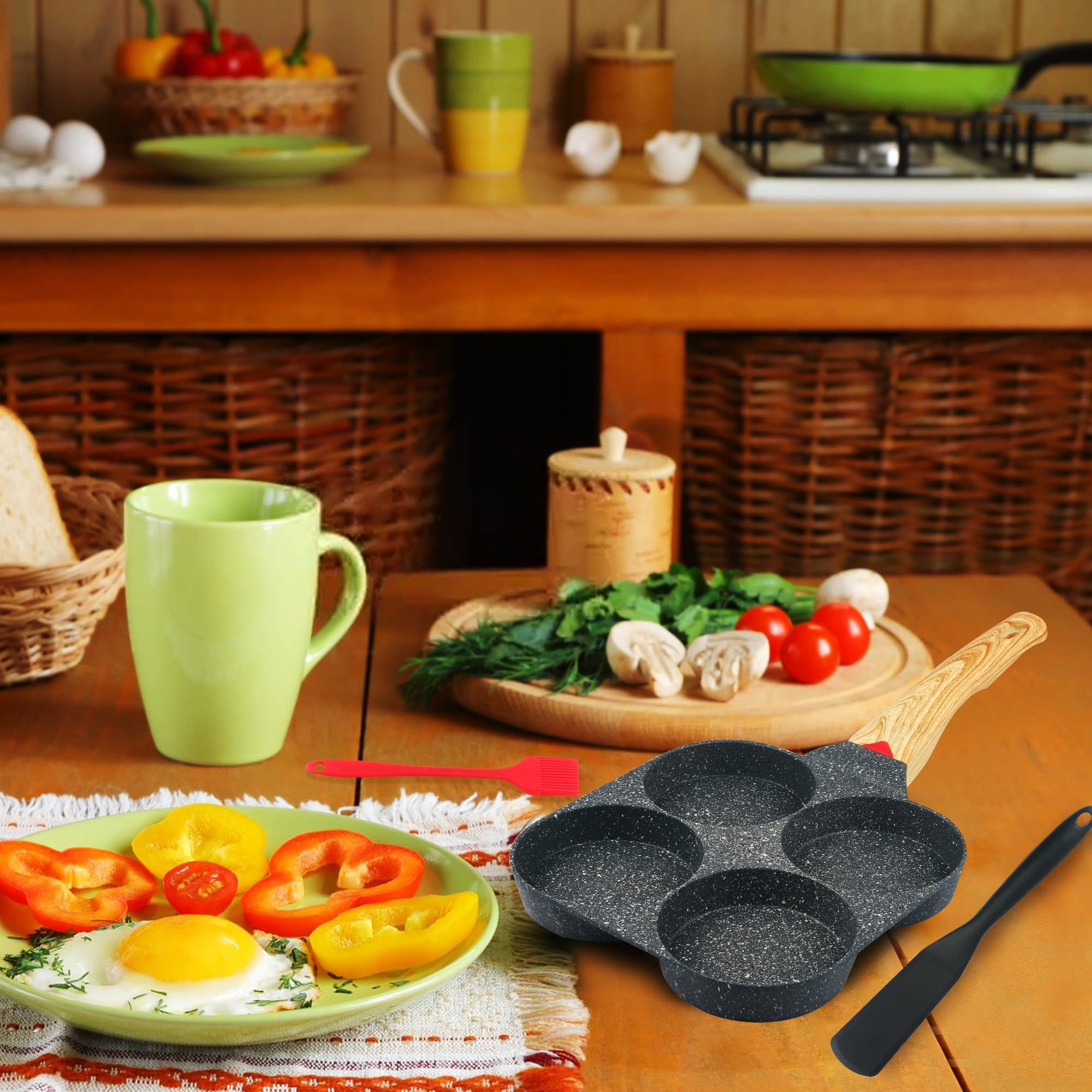 Non Stick Egg Frying Pan - 4-Cup Aluminum Cookware with Spatula & Brush, Perfect for Breakfast Pancakes, Omelets & Crepes | Even Heating, Easy to Clean | Ideal for Home Kitchen, Camping & RV Cooking