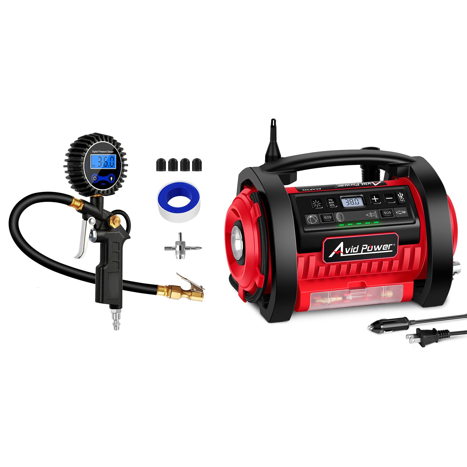 AVID POWER 150PSI Portable Tire Inflator Air Compressor - AC/DC Dual Power with Digital Pressure Gauge & High Volume Mode - Ideal for Cars, SUVs, Bikes and Home Use
