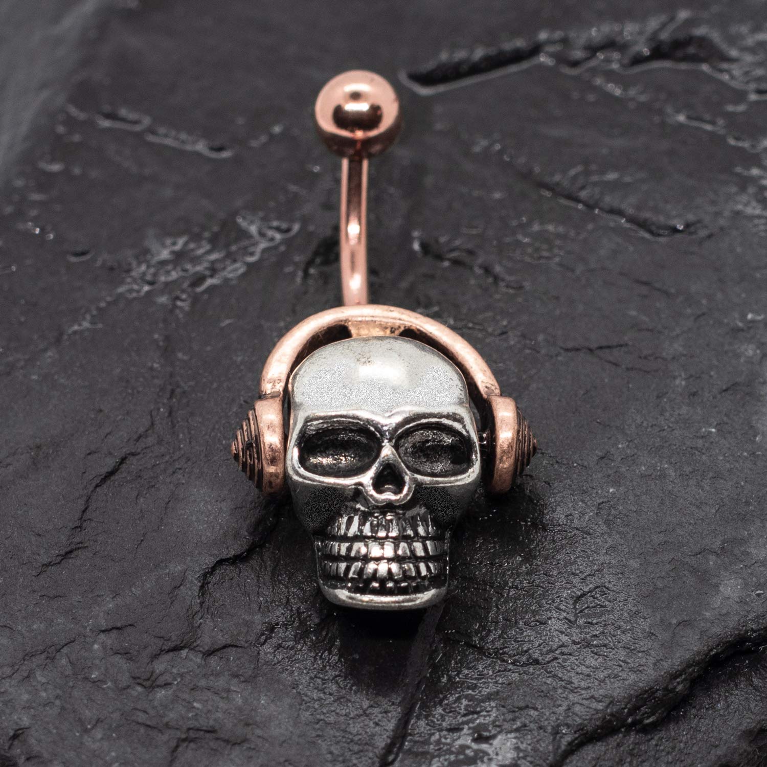 Rose Gold Belly Ring with Silver Skull Charm & Rose Gold Headphones Pendant - Stylish Body Jewelry for Parties, Concerts, and Everyday Wear