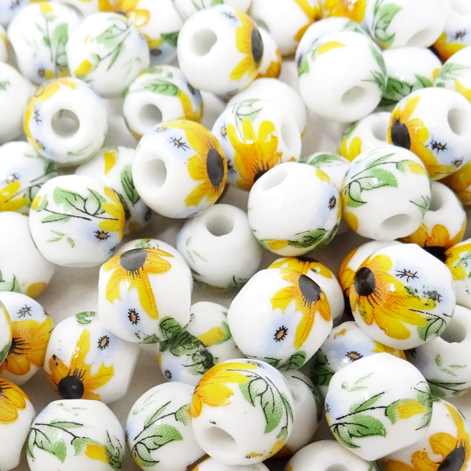 100PCS 10mm Ceramic Beads for Jewelry Making - Porcelain Flower Spacer Beads DIY Craft Supplies with Drawstring Bag - Perfect for Necklaces, Earrings & Bracelets - Sunflower Design for Boho & Handmade Jewelry Projects