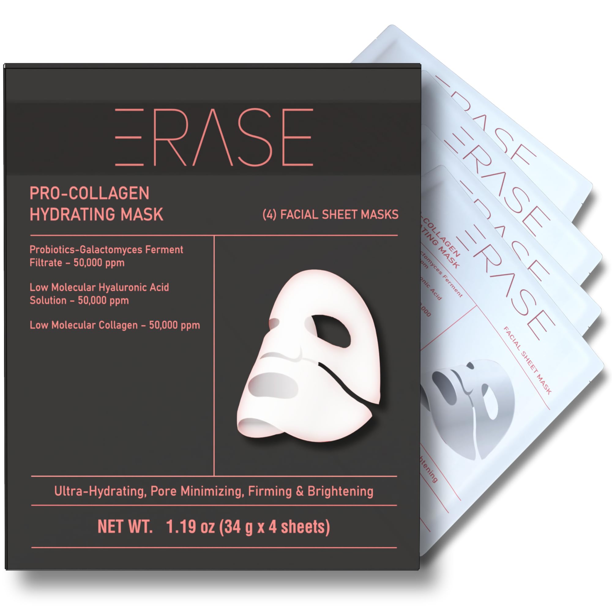 ERASE Pro-Collagen Hydrating Face Mask for Women & Men | Overnight Collagen Treatment | Korean Skincare Biocollagen Sheet Mask | Deep Moisturizing Facial Care | Perfect for Night Routine, Spa Day & Travel Skincare