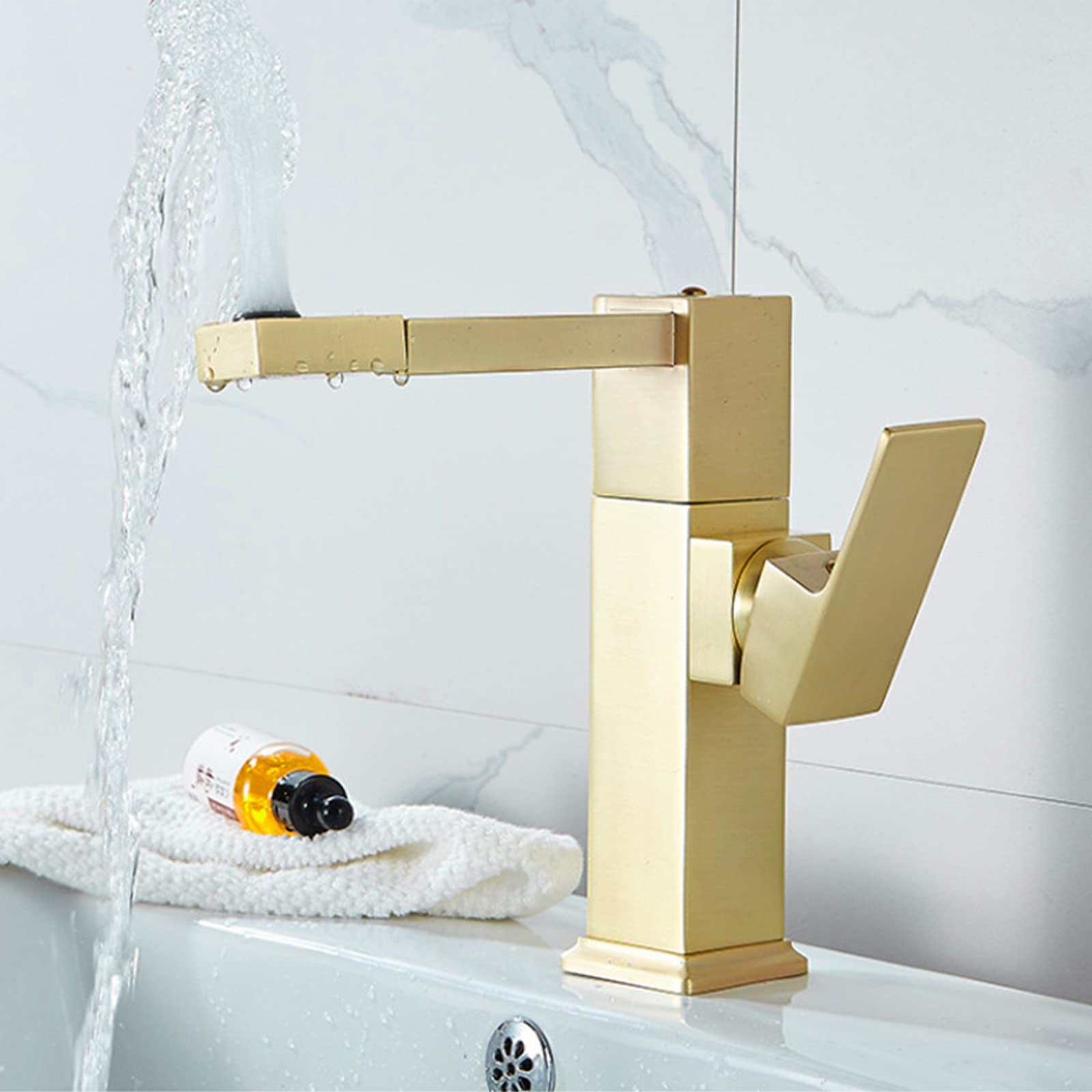 Universal Swivel Bathroom Sink Faucet - 1 Hole Brass Basin Mixer Tap with Brushed Gold Finish | Durable Bathroom Faucets for Face Washing & Hand Washing | Perfect for Modern Home, Hotel, and Spa Bathrooms