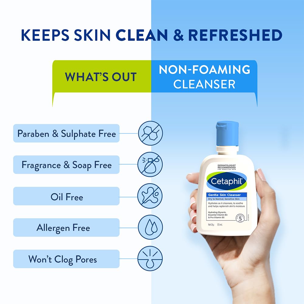 Cetaphil Gentle Skin Hydrating Face Wash Cleanser - Paraben & Sulfate Free with Niacinamide & Vitamin B5 for Dry, Normal & Sensitive Skin - 125ml | Daily Facial Cleanser for Soft, Smooth & Hydrated Skin