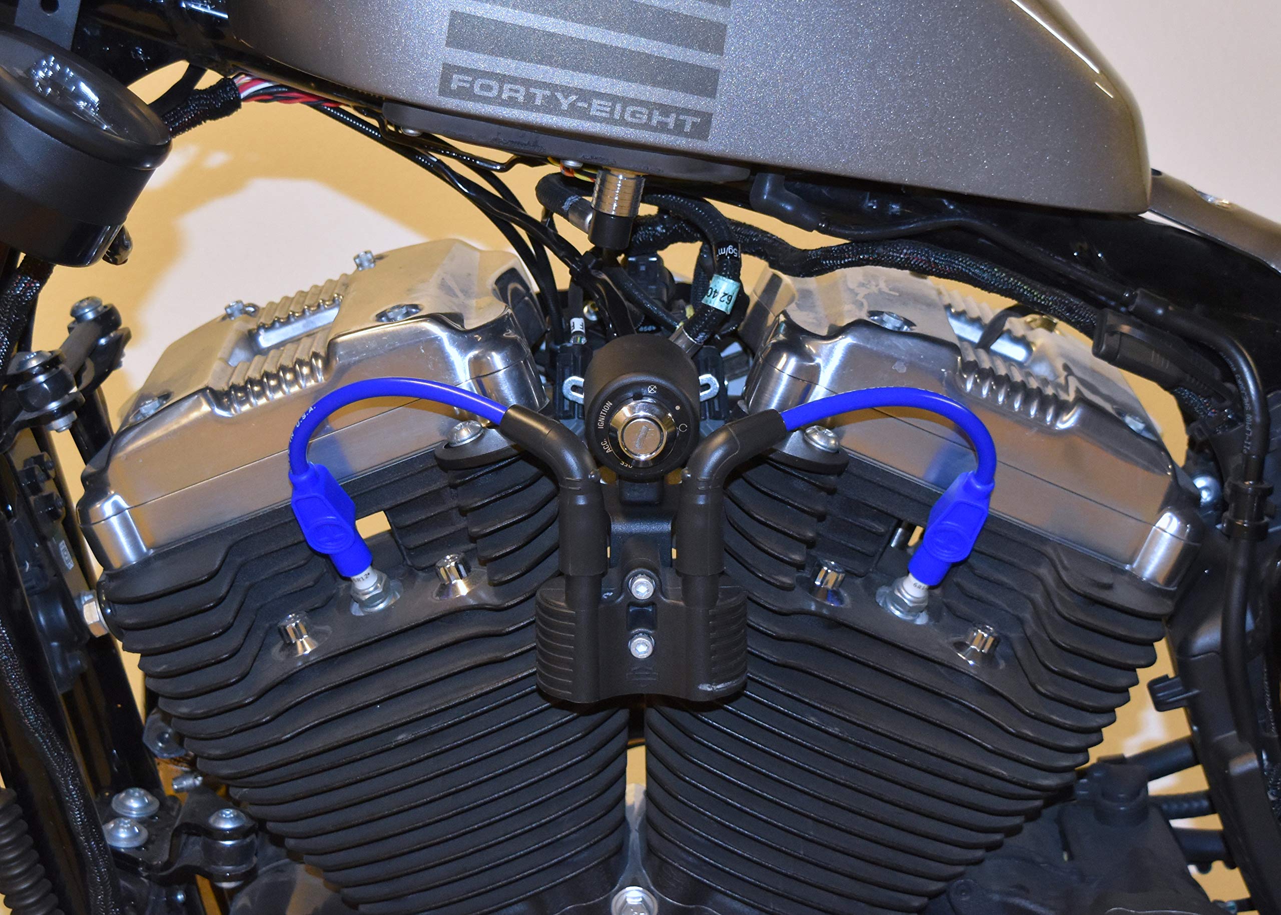 JBSporty Coil and Ignition Relocation Bracket with Bobber Blue Taylor Wires - Compatible with Harley Davidson Sportster, Nightster, 72, 48 Iron Roadster 883 1200 - Easy Installation for Custom Motorcycle Builds and Performance Upgrades