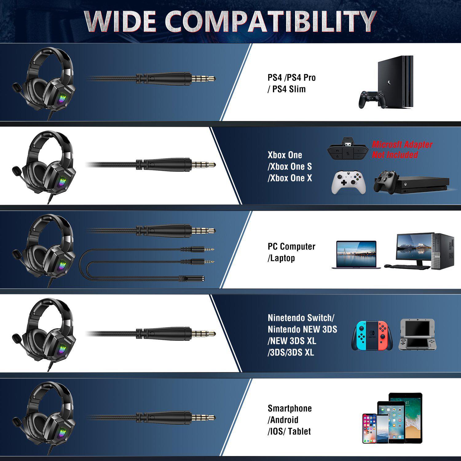 ONIKUMA K8 Wired Stereo Gaming Headset with Microphone & RGB LED Lights - Noise Cancelling Over-Ear Headphones for PC, PS4, Xbox, Nintendo Switch Gaming & Streaming