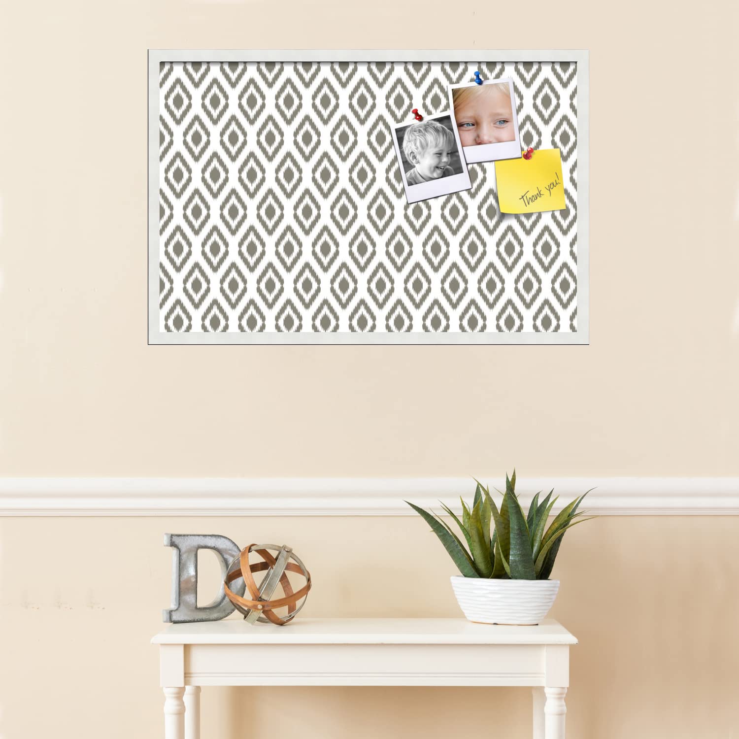 PinPix 34x22 Inch Cork Bulletin Board with Ikat Pewter Design & Satin White Frame - Decorative Wall Organizer for Home Office School - Perfect for Notes, Photos, Reminders and DIY Projects
