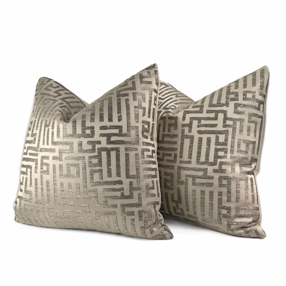 Holly Hunt Written in Code Pale Silver Driftwood Brown Abstract Maze Pillow Cover - Modern Home Decor for Living Room, Bedroom & Office - Fabric by the Yard Available