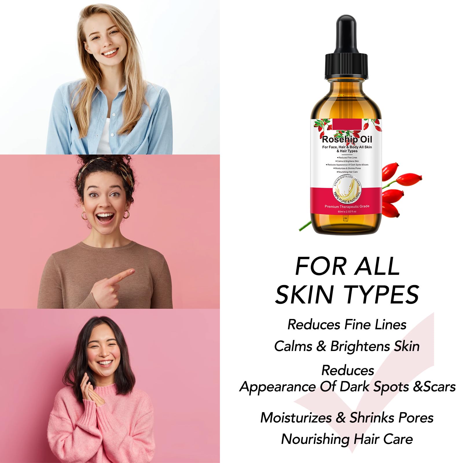 100% Pure & Natural Rosehip Oil 60ml (2.02 fl oz) - Organic Cold-Pressed Rose Hip Seed Oil for Face, Body, Hair & Skin Care - Anti-Aging Moisturizer, Dry Skin Relief & Hair Treatment - Perfect for Night Routine, DIY Beauty & Spa Treatments