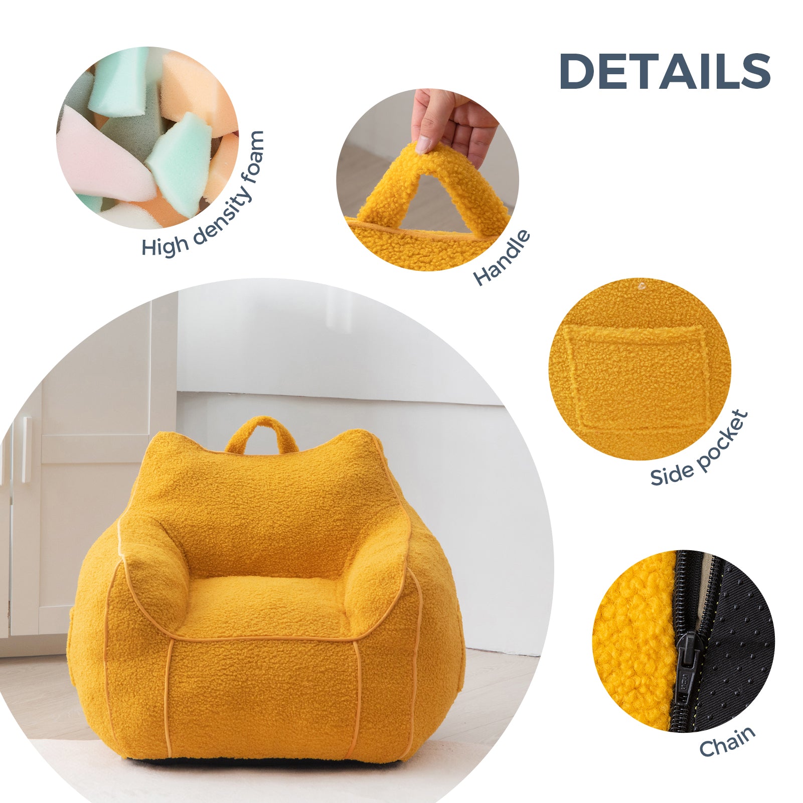 MAXYOYO Kids Sherpa Bean Bag Chair & Couch - Soft Plush Comfort with Decorative Edges for Children's Room, Nursery, Playroom (Lemon Yellow) - Perfect for Reading, Gaming & Relaxing