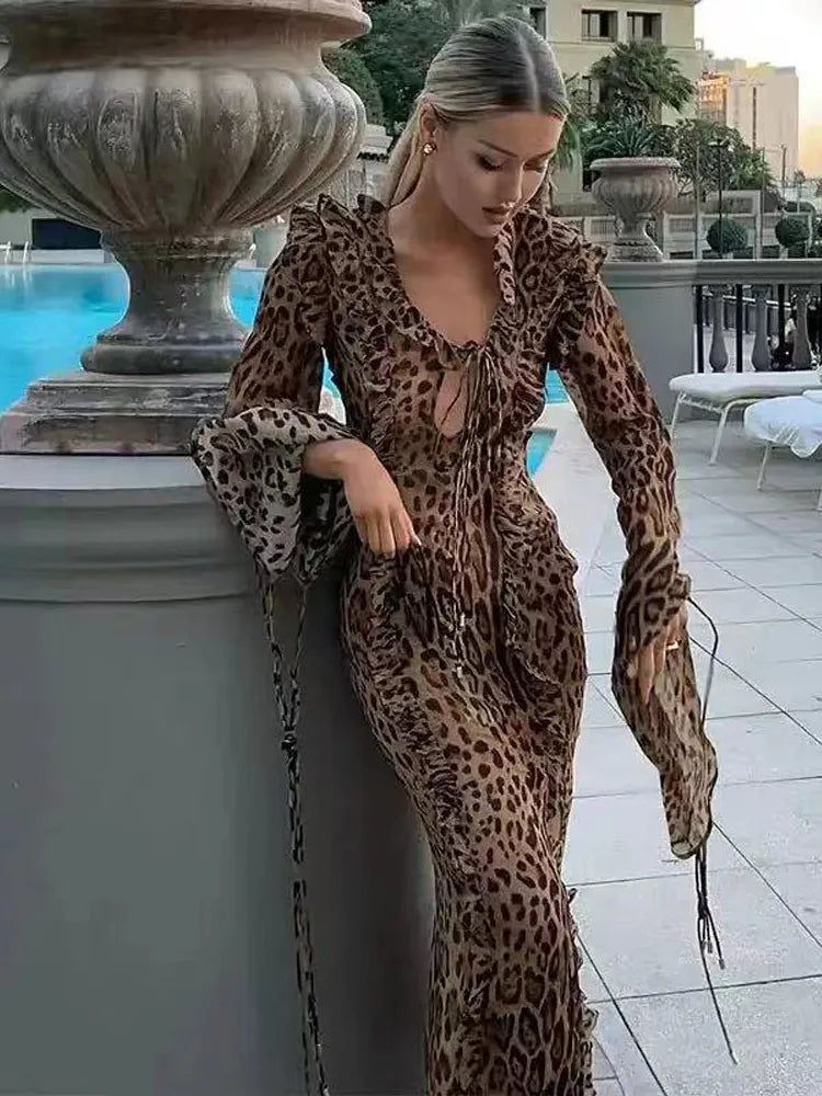 Elegant Women's Deep V-Neck Ruffle Split Dress with Long Sleeves & Lace-Up Detail - Spring Summer Fashion Print Vestidos for Parties, Weddings & Date Nights