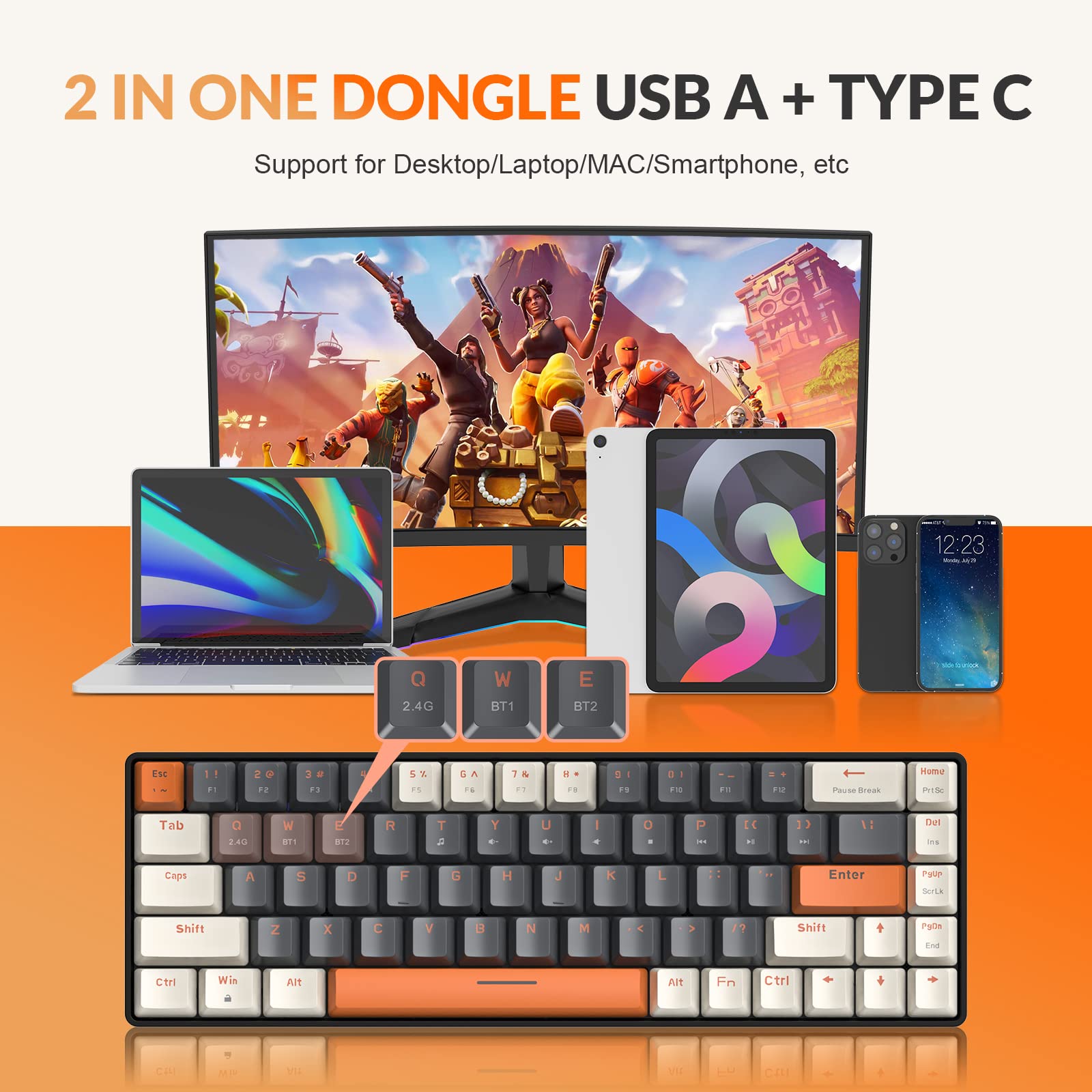 RK68 60% Wireless Mechanical Gaming Keyboard - Bluetooth 5.0/2.4GHz Dual Mode with Hot-Swappable Red Switches, Compact 68-Key Design for PC, Mac, Xbox & Smartphone - Perfect for Office Work, Gaming & Mobile Typing