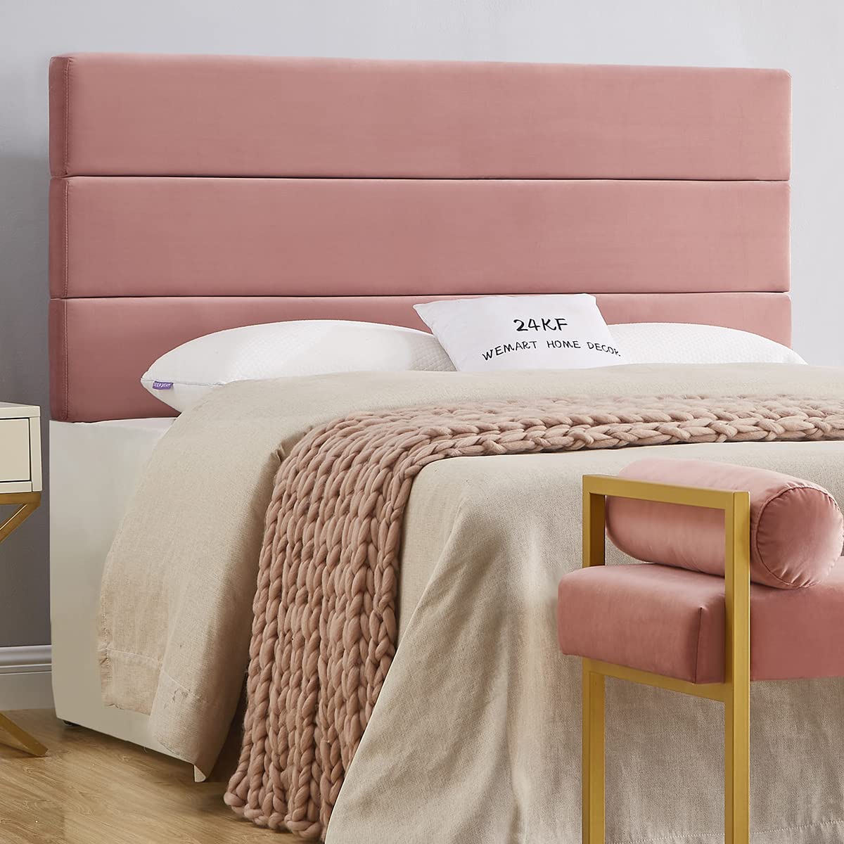 24K Gold Palisades Upholstered Velvet Queen Headboard - Slim Profile Modern Design for Full/Queen Bed - Blush Pink - Perfect for Bedroom Makeover & Luxury Home Decor