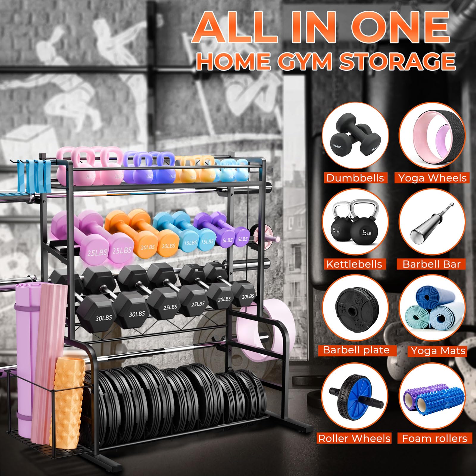 Bonvork XL Adjustable Dumbbell Rack - Heavy Duty Weight Stand with 3 Olympic Bar Holders & Bumper Plate Storage | Home Gym Equipment for Dumbbells, Kettlebells & Yoga Mats | Perfect for Garage Gym, CrossFit & Home Workouts