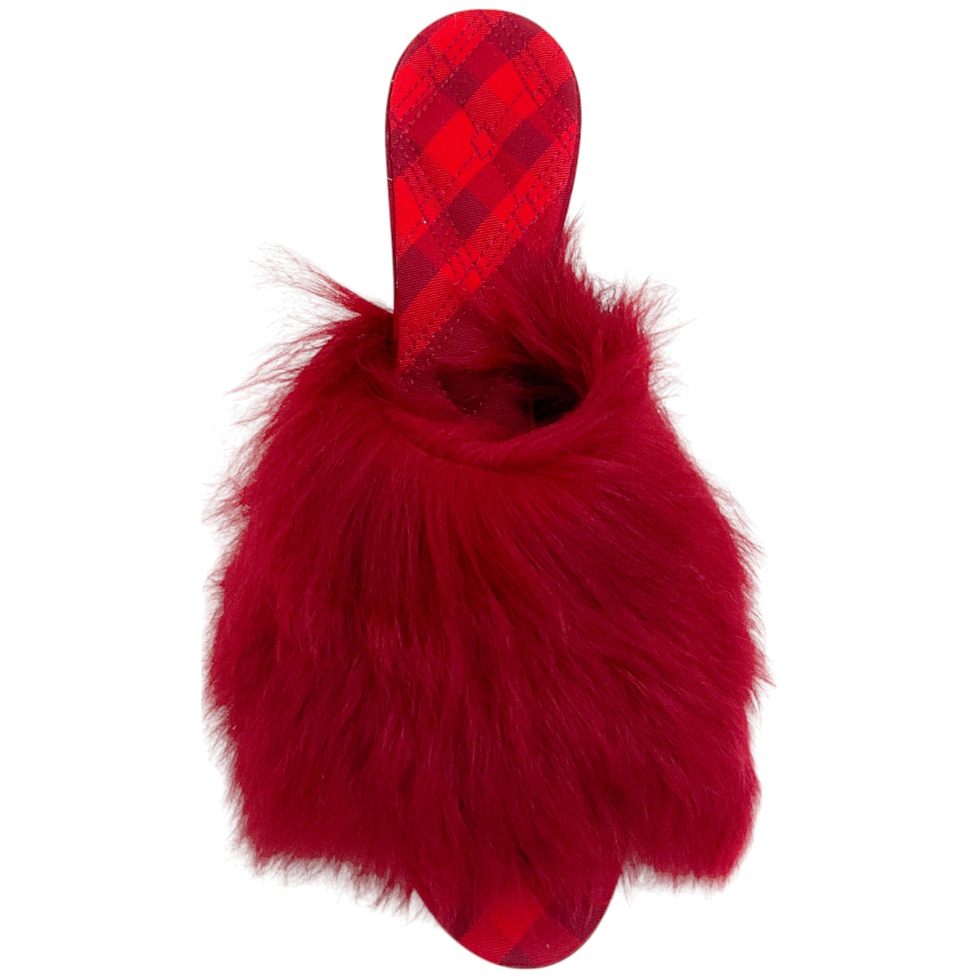 Burberry Prorsum Red Shearling Slide Sandals with Plaid - Luxe Comfort for Home & Vacation | Women's Designer House Slippers & Summer Slides