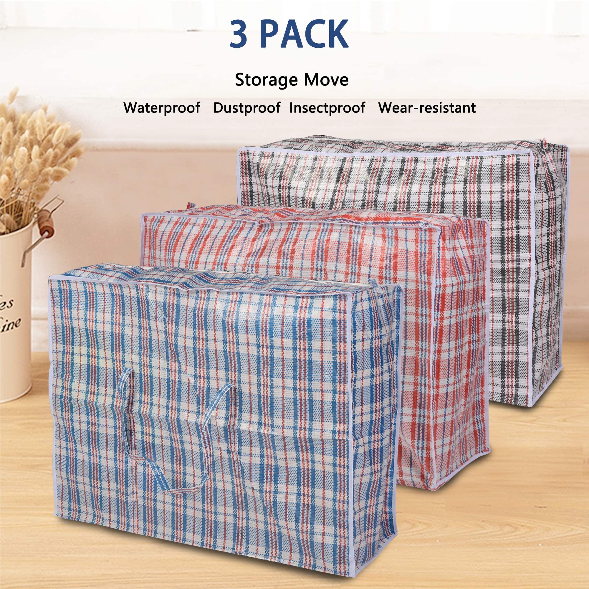 3PCS Heavy Duty 35 Gallon Extra Large Storage Bags - Reusable Moving Tote Bags with Zippers & Carrying Handles for Clothes, Blankets, Bedding, Shoes - Perfect for Home Organization, Moving, Travel & Storage