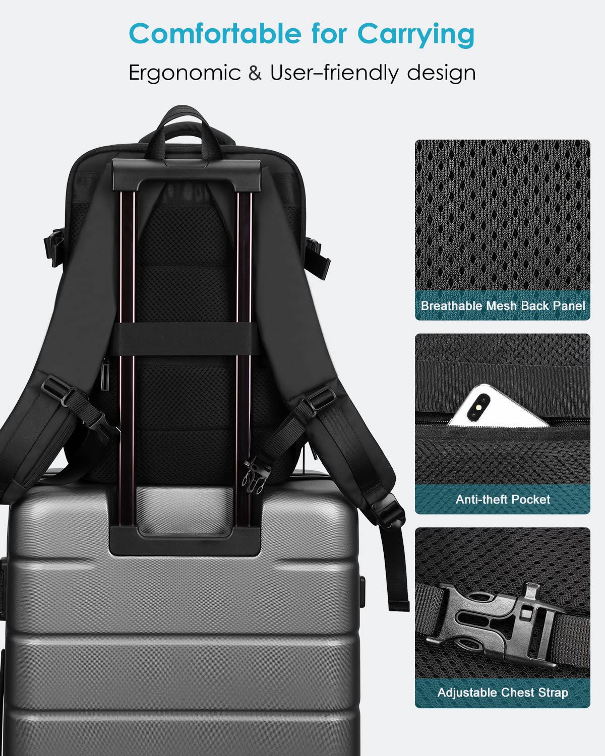 HOMIEE 40L Expandable Waterproof Laptop Backpack for Business Travel - Flight Approved Carry-On Backpack Fits 15.6 Inch Laptop, Large Capacity Anti-Theft Travel Backpack (Black) - Perfect for Business Trips, Commuting & Airplane Travel