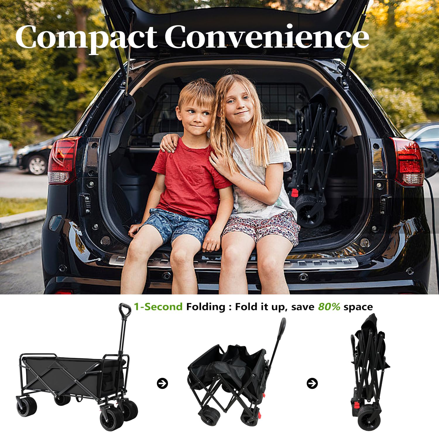 Heavy Duty Collapsible Folding Wagon Cart 300lbs Capacity - Portable Utility Grocery Cart with 2 Drink Holders for Camping, Shopping, Beach, Sports & Outdoor Activities - Black