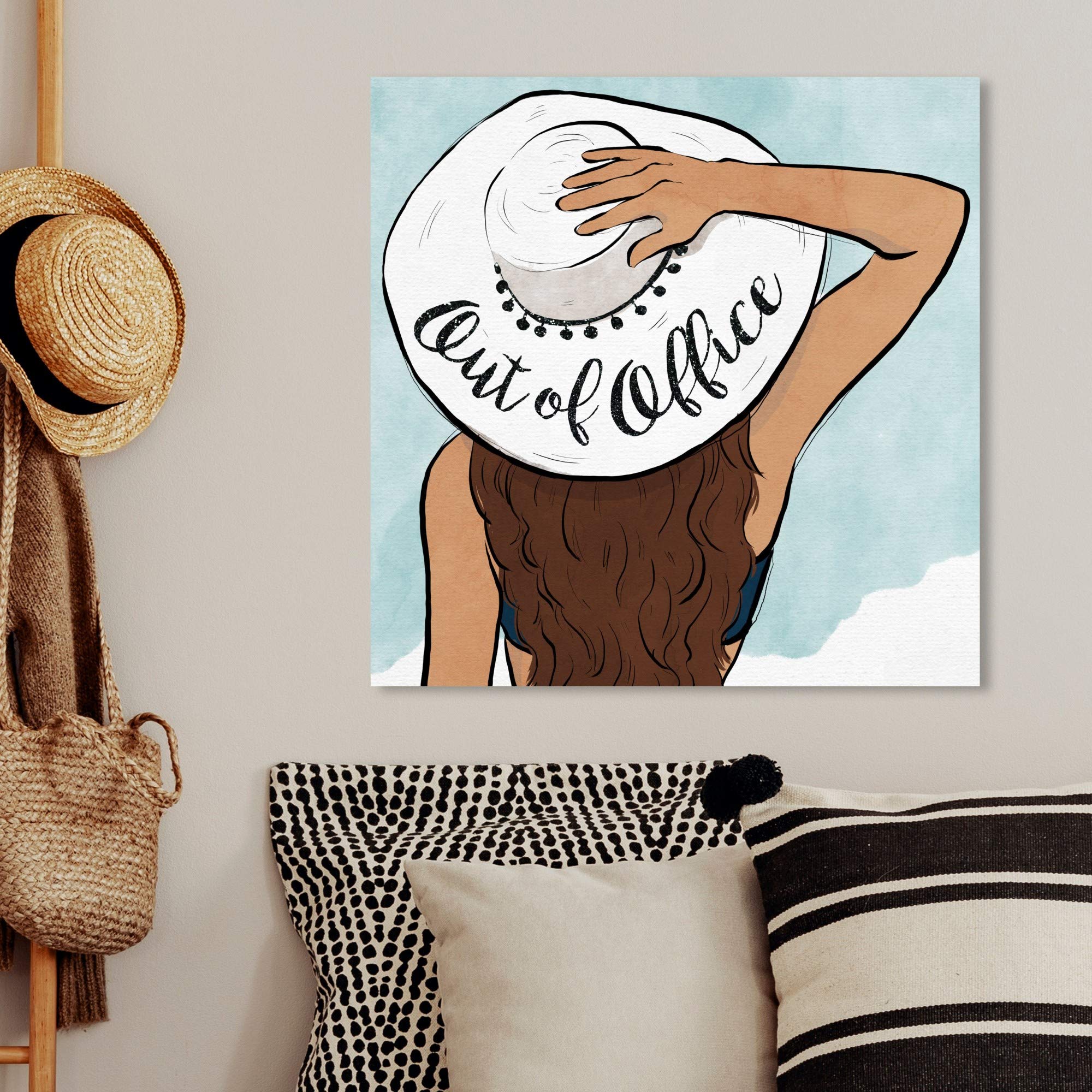 Oliver Gal Artist Co. 'Out of Office Sun Hat' Fashion Wall Art Canvas Print - 24x24 Inch Home Decor in White & Brown - Perfect for Living Room, Bedroom & Office Wall Decor