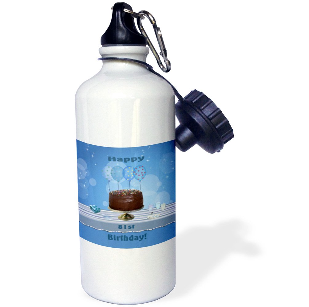 3D Rose 81st Birthday Party Sports Water Bottle - 21oz White Insulated Tumbler with Chocolate Cake & Blue Balloons Design - Perfect for Birthday Gifts, Gym, Hiking & Outdoor Activities