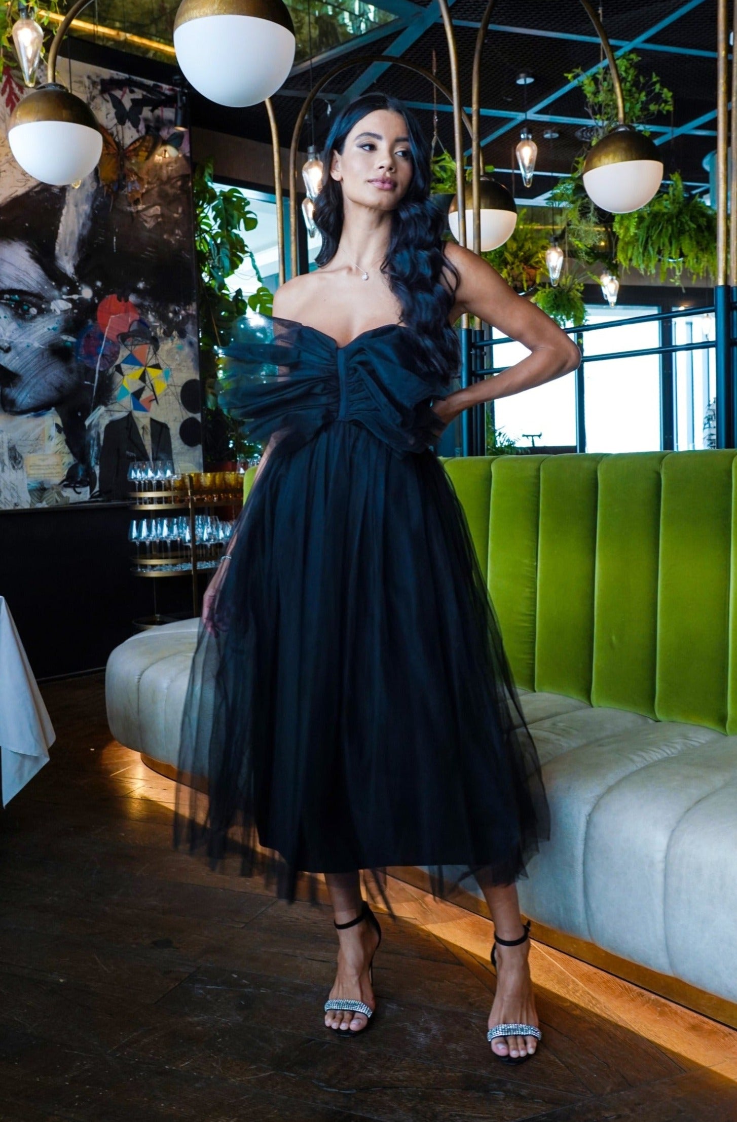 Elegant Black Tulle Midi Dress with Butterfly Design - Perfect for Cocktail Parties, Weddings & Evening Events