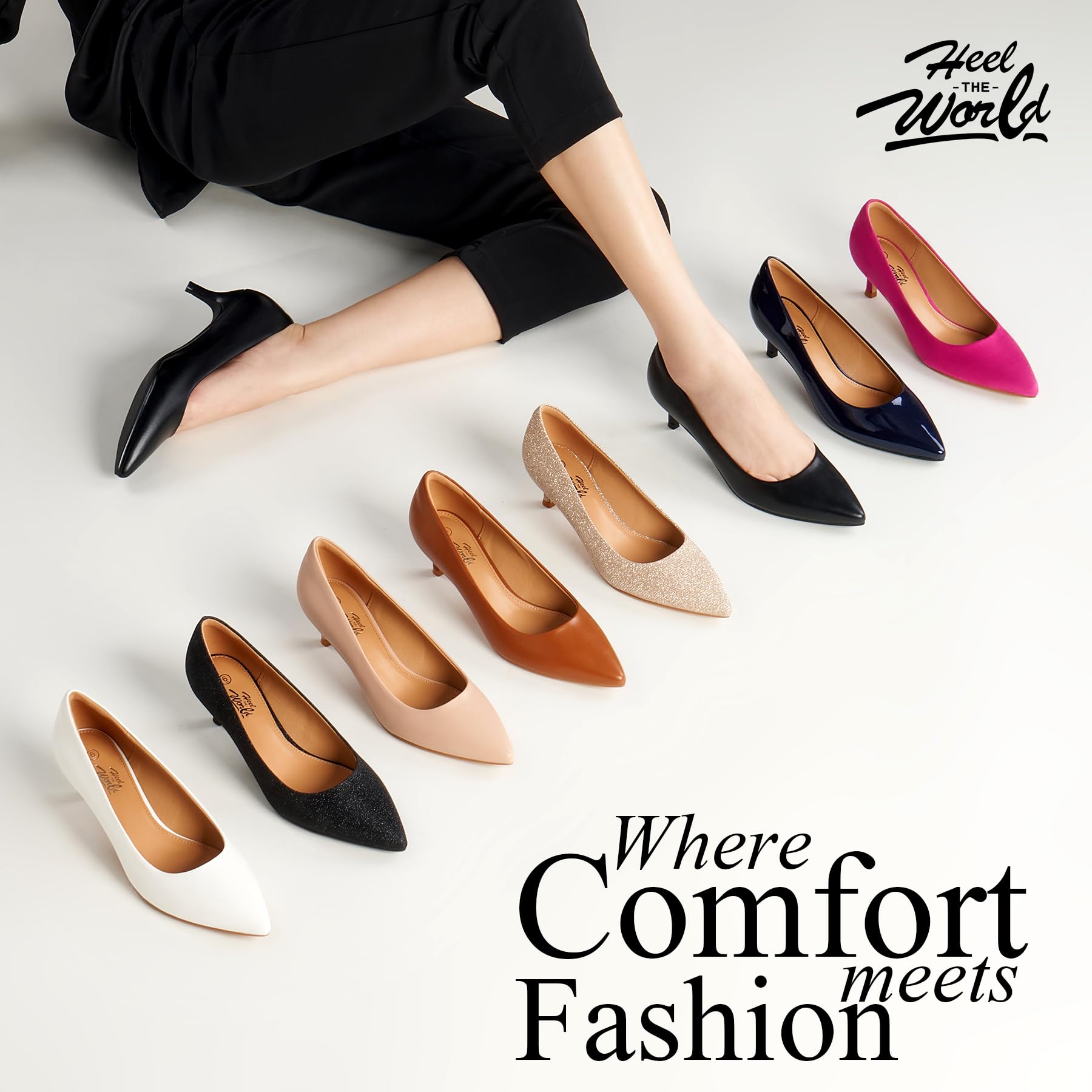 Heel The World Women's Kitten Heel Pumps - 2 Inch Low Heels in Black, Nude, White, Gold & Brown | Comfortable Work Shoes for Office, Wedding & Formal Events