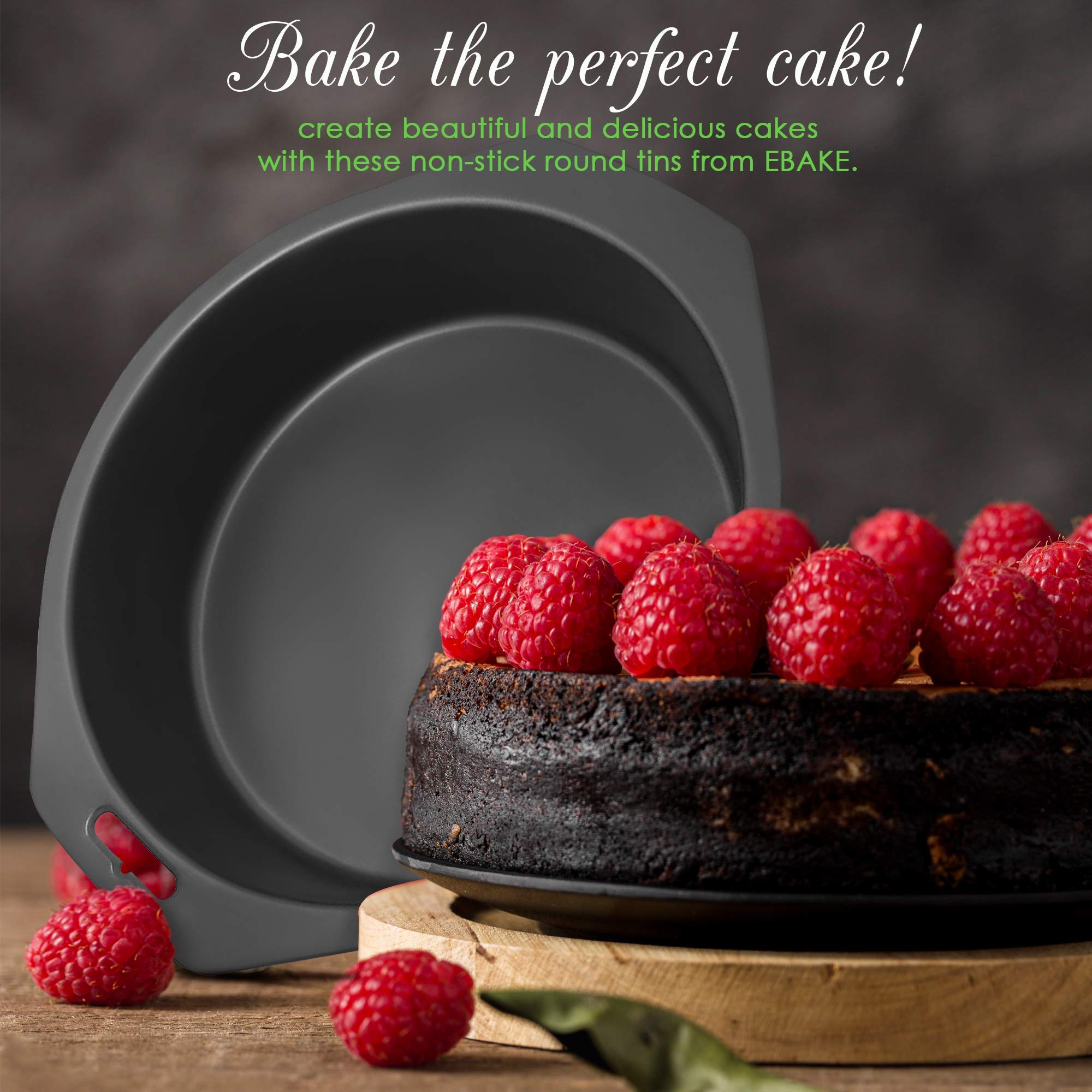 ebake Victoria Sponge Cake Tins - 2 Pack 8 Inch Non-Stick Round Cake Pans for Baking Cakes, Pies, Puddings - Easy Clean Black Carbon Steel Fixed Base with Handles - Perfect for Birthday Cakes, Tea Parties & Holiday Desserts