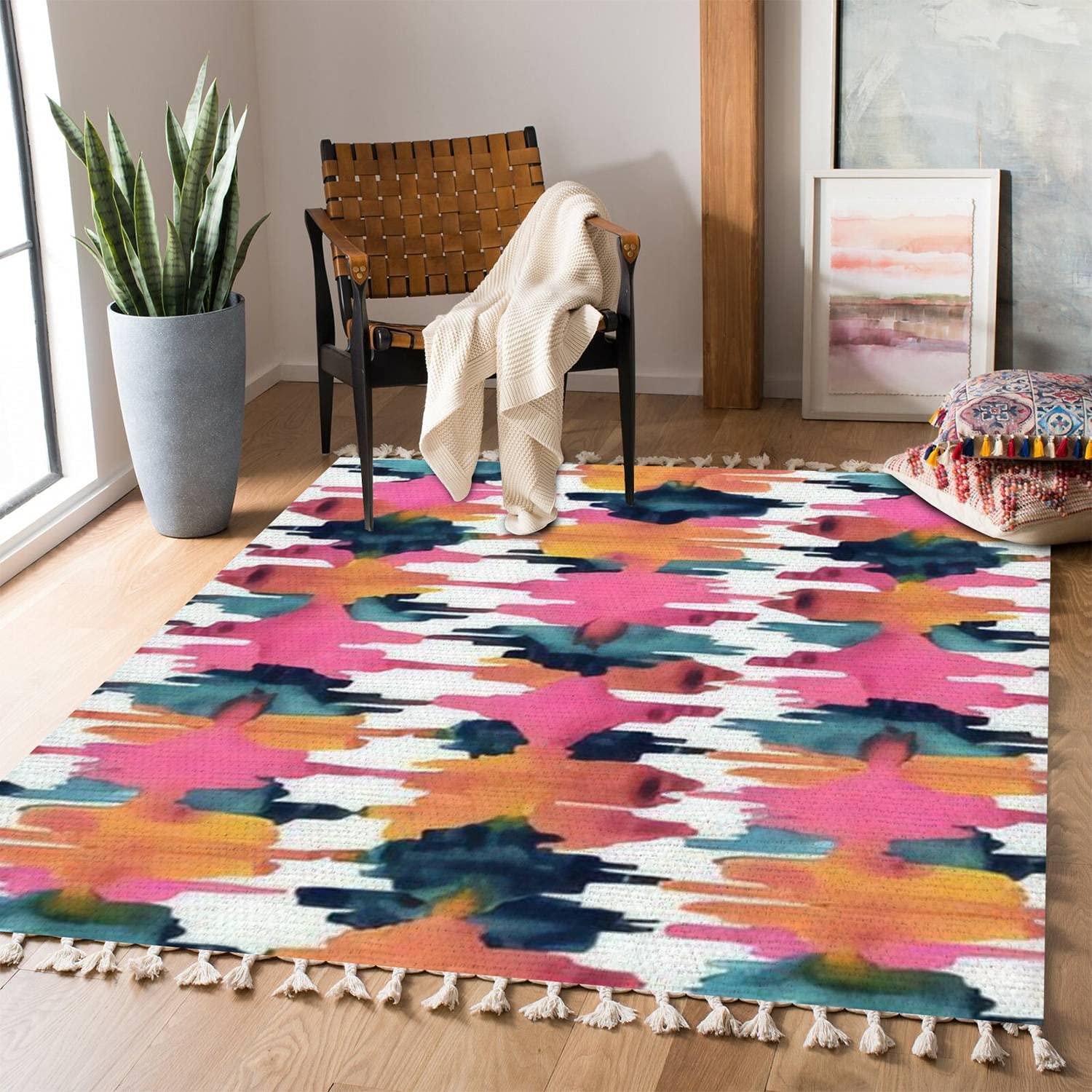 Boho Ikat Watercolor Area Rug - Ethnic Vibrant Seamless Pattern Carpet for Living Room, Bedroom, Patio & Hallway | Indoor/Outdoor Minimalist Home Decor | Perfect for Bohemian, Coastal & Eclectic Decor Styles