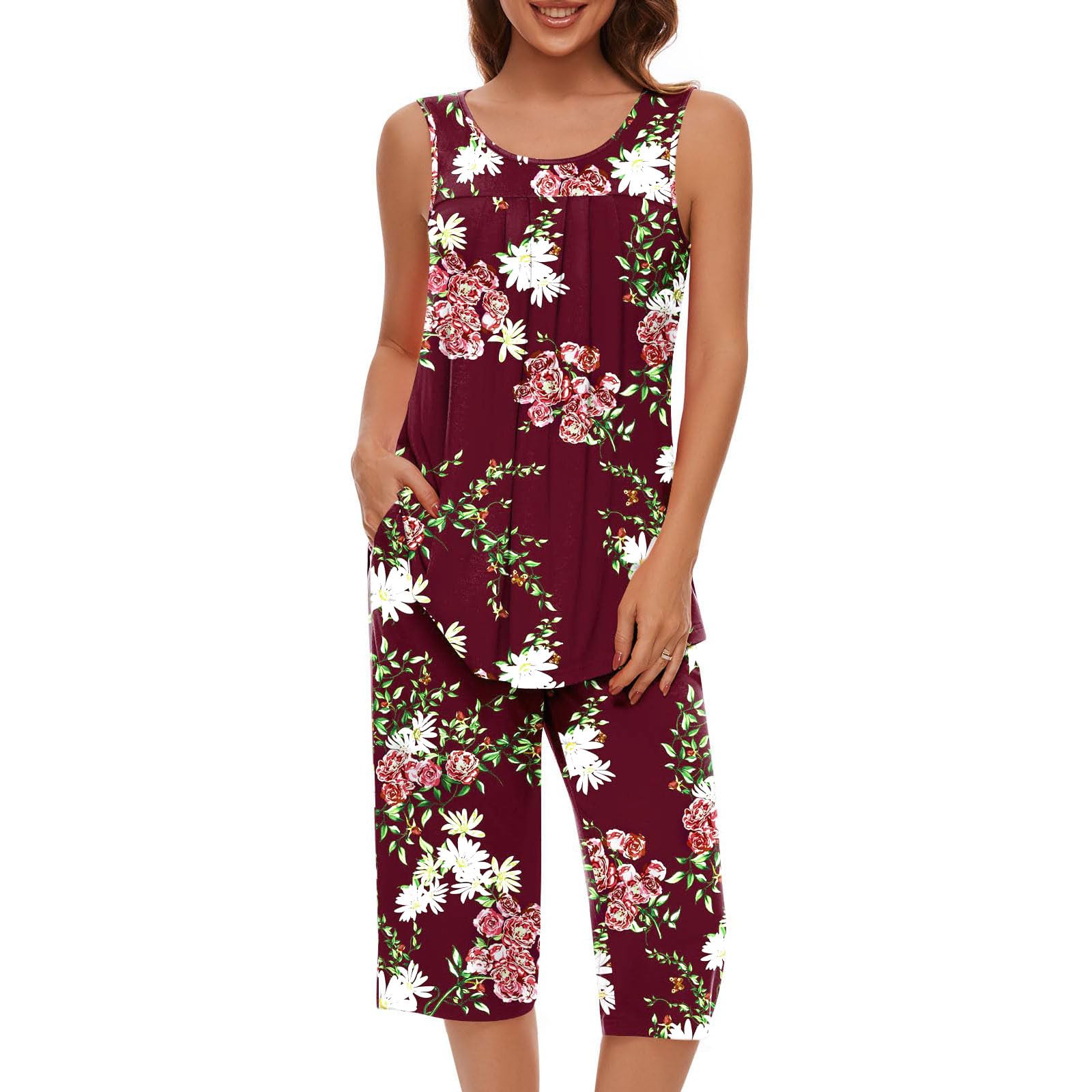 Women's Sleeveless Pajama Set with Pockets - Comfy Capri Sleepwear for Lounge & Travel