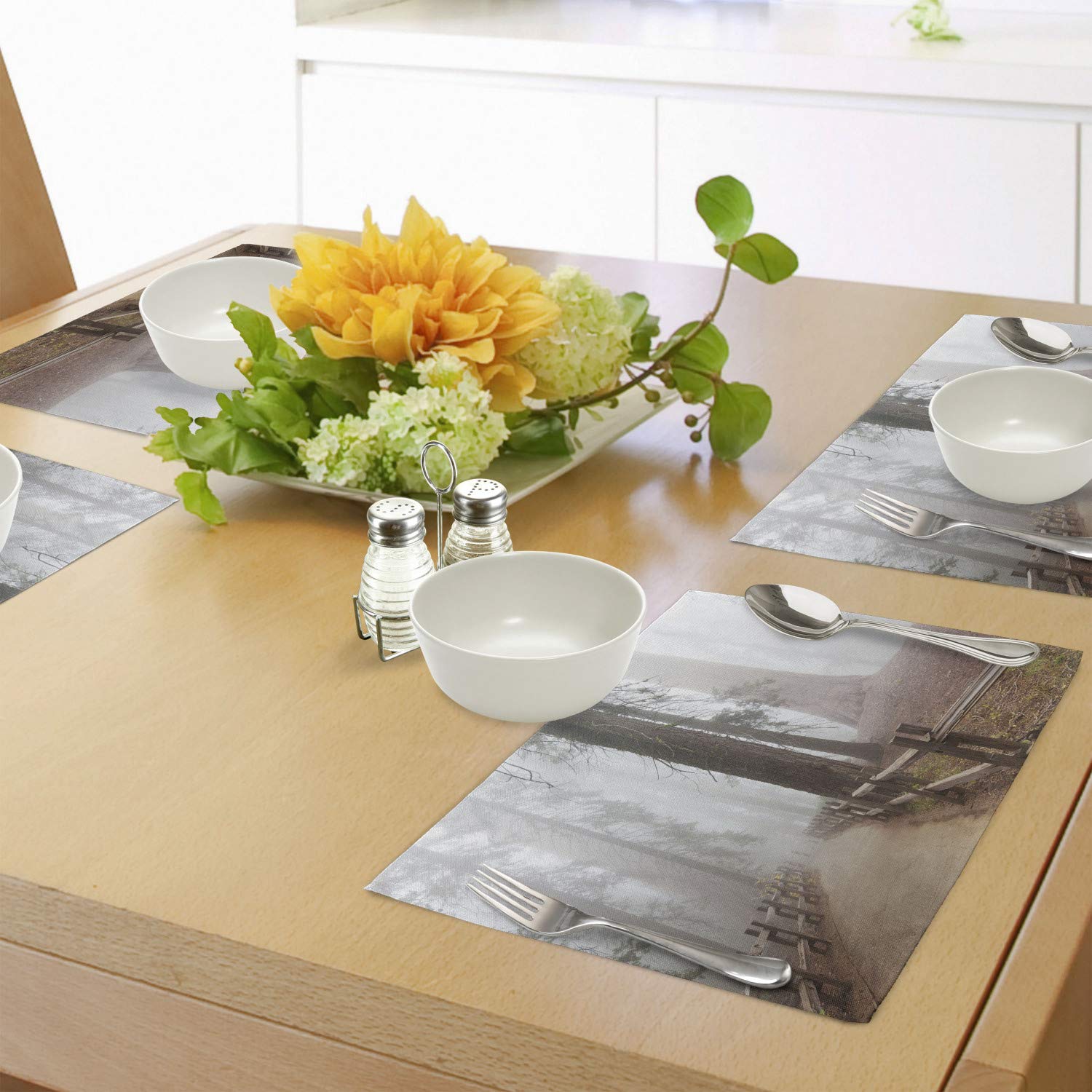 Ambesonne Yosemite Place Mats Set of 4 - Evergreen Forest Sequoia National Park Foggy Morning Nature Art - Washable Fabric Placemats for Dining Room Kitchen Table Decor in Grey Brown - Perfect for Holiday Dinners, Family Gatherings & Nature-Themed Home Decor